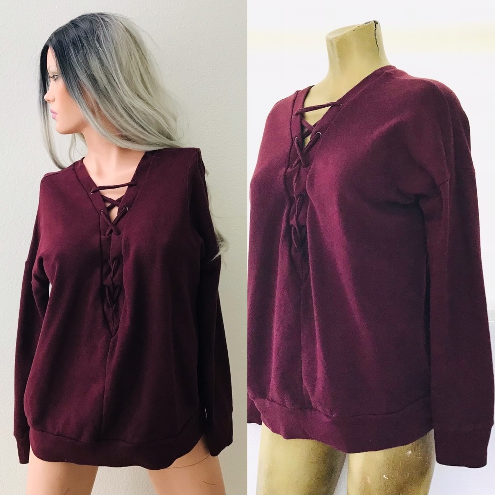 Burgundy LACE-UP Sweatshirt Large
